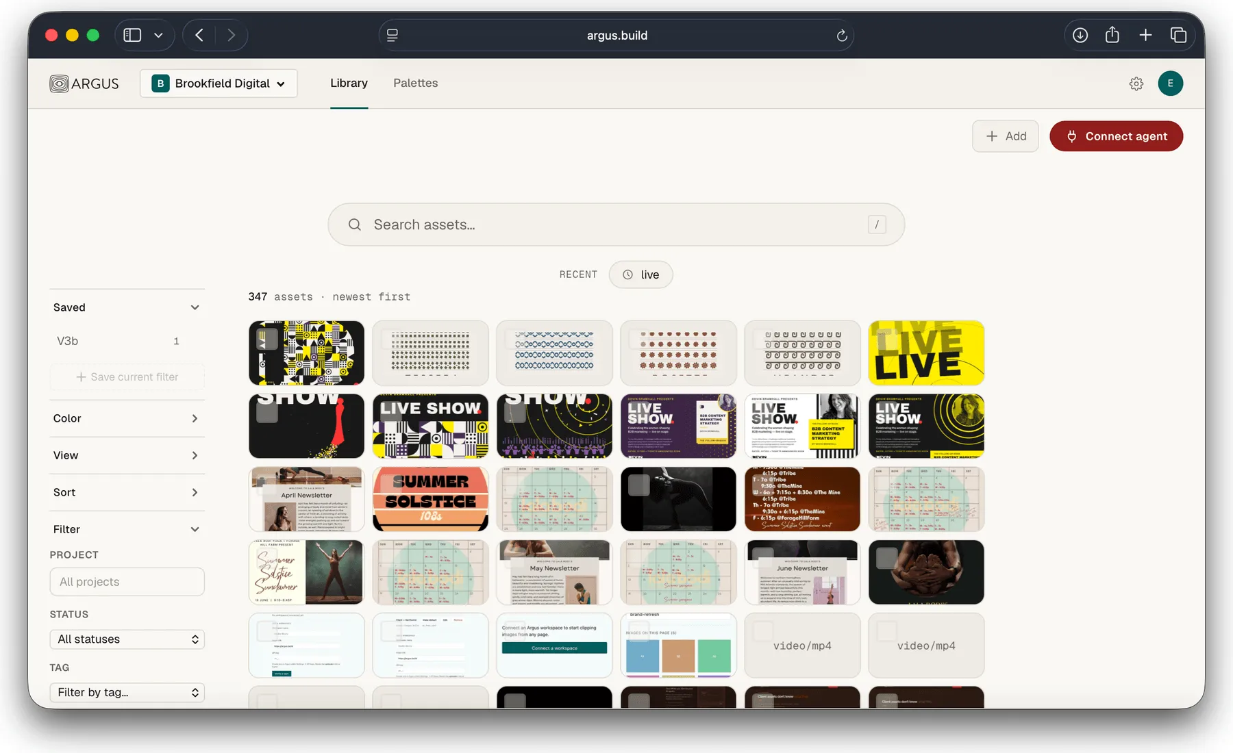 The Argus library view at argus.build: a workspace switcher set to Brookfield Digital, a semantic search field, a left rail of color, view, sort, project, status and tag filters, and a grid of 347 analyzed assets sorted newest first.