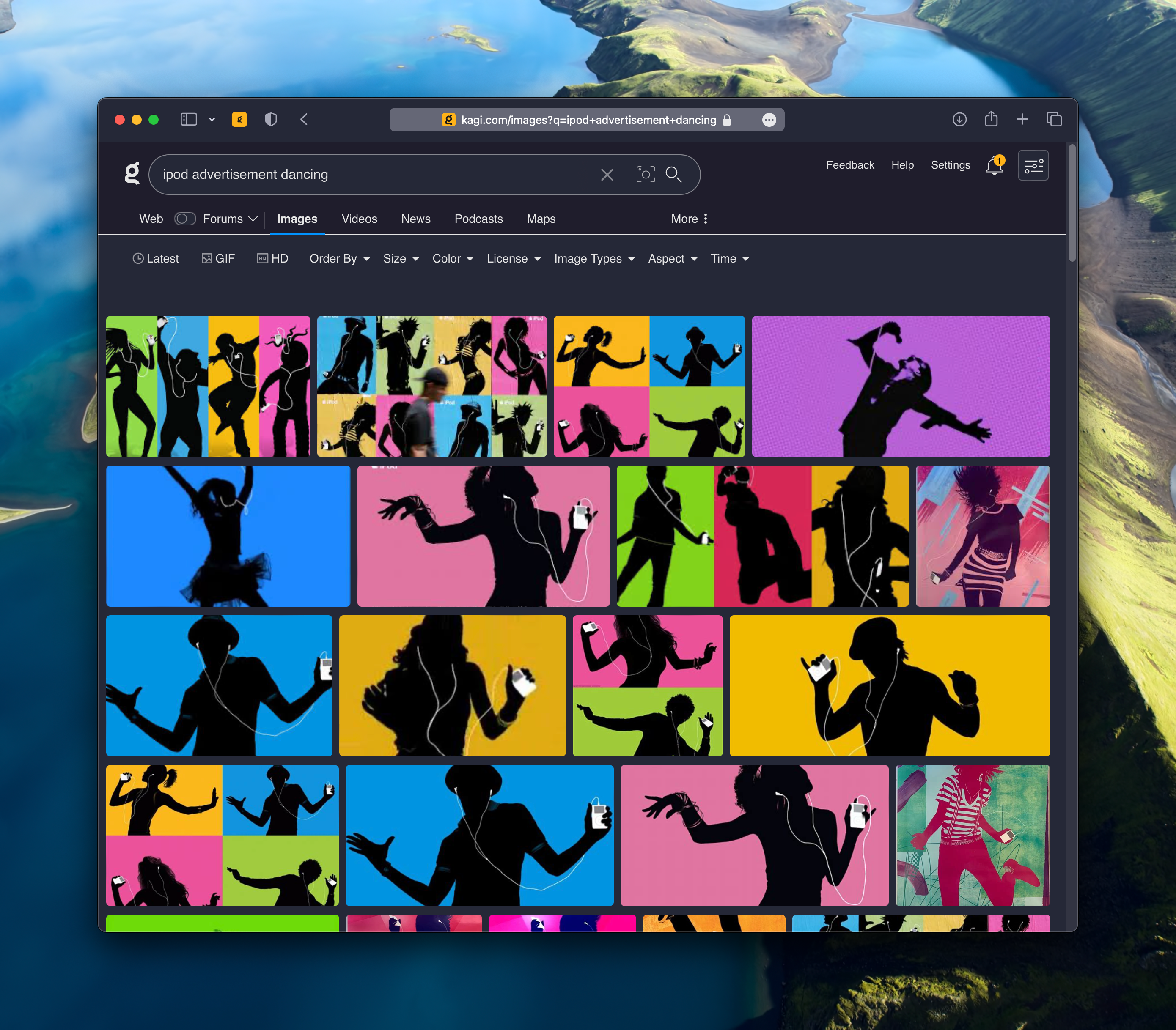 Image search result of silhouettes of people dancing on vibrant backgrounds with ipods
